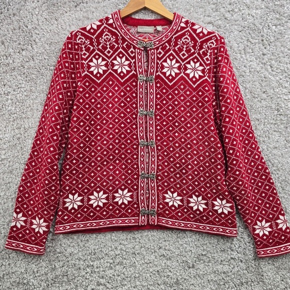 Croft & Barrow Sweater Womens Medium Red Fair Isle Chenille Toggle Cardigan Snow - Picture 1 of 12